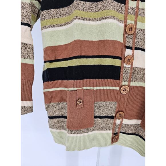 Emma James Womens Sz PXL Petite Cardigan Sweater Striped Brown Green Lightweight - Picture 2 of 4